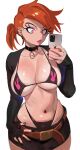  1girl absurdres belt bikini bikini_under_clothes black_choker black_nails black_skirt breasts brown_belt choker cleavage cowboy_shot ear_piercing earrings highres holding holding_phone jewelry large_breasts navel nia_(nia4294) orange_hair phone piercing pink_eyes ponytail selfie shadow simple_background skirt solo swimsuit the_fairly_oddparents vicky_(fop) white_background 