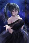  1girl :d absurdres bad_id bad_twitter_id bangs bare_shoulders black_dress blush bra breasts cleavage dress highres korean_commentary large_breasts lillly long_hair looking_at_viewer night open_mouth original ponytail purple_eyes smile solo tree underwear 