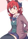  1girl akuma alternate_costume alternate_hairstyle animal_ears blue_bow bow braid cat_ears extra_ears hair_bow hair_down highres kaenbyou_rin pointy_ears red_eyes red_hair skirt solo thighhighs tongue tongue_out touhou 