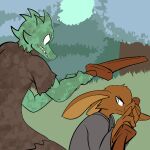  2014 anthro bottomwear brown_body brown_fur clothed clothing digital_drawing_(artwork) digital_media_(artwork) duo fen_(lagotrope) fight fur furred_kobold green_body green_skin horn kobold lagotrope lizard male mammal melee_weapon outside pants plant pupils reptile scalie shirt slit_pupils snarling standing story story_at_source story_in_description sword tgchan topwear tree weapon white_eyes 