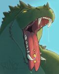  absurd_res anthro bodily_fluids dragon glowing glowing_eyes hi_res kingdragyn looking_at_viewer male mouth_shot mythology open_mouth piercing saliva saliva_string scales scalie sharp_teeth solo spikes teeth throat tongue tongue_out tongue_piercing yellow_eyes 