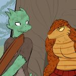  1:1 2014 anthro bottomwear clothed clothing digital_drawing_(artwork) digital_media_(artwork) dirty duo eye_contact fen_(lagotrope) grass green_body green_skin horn kobold lagotrope lizard looking_at_another male melee_weapon mountain_kobold orange_body orange_scales outside plant reptile scales scalie shirt skirt standing story story_at_source story_in_description sword tgchan topless topwear tree weapon 