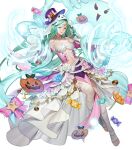  1girl bandaged_leg bandages bangs bare_shoulders bow breasts candy cookie detached_sleeves dress fire_emblem fire_emblem:_mystery_of_the_emblem fire_emblem_awakening fire_emblem_heroes food frills full_body ghost green_eyes green_hair grey_hair hanusu hat highres jewelry lips lollipop long_dress long_hair looking_away magic medium_breasts naga_(fire_emblem) navel non-web_source official_art pale_skin pelvic_curtain pointy_ears pumpkin ribbon shiny shiny_hair smile sparkle stomach tiara toeless_legwear toes transparent_background veil 
