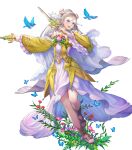  1girl animal bird blue_eyes breasts covered_collarbone dagger detached_sleeves dress earrings eir_(fire_emblem) fire_emblem fire_emblem_heroes flower flower_earrings frills full_body gold_trim grey_hair haccan hair_ornament highres holding holding_weapon jewelry knife long_dress long_hair medium_breasts non-web_source official_art ponytail sandals see-through tiara toeless_footwear transparent_background weapon wide_sleeves 