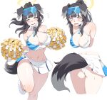  1girl animal_ears ass bangs bare_arms bare_legs bare_shoulders black_hair blue_archive blue_eyes blush breasts carcass_(artist) cheerleader cleavage crop_top dog_ears dog_girl dog_tail eyewear_on_head flying_sweatdrops goggles goggles_on_head halo hanging_breasts hibiki_(blue_archive) hibiki_(cheerleader)_(blue_archive) highres holding holding_pom_poms korean_commentary large_breasts leaning_forward leg_up long_hair looking_at_viewer lower_body midriff miniskirt multiple_girls multiple_views navel open_mouth panties pantyshot pleated_skirt pom_pom_(cheerleading) ponytail shoes skirt sneakers standing standing_on_one_leg sunglasses sweat tail underwear upper_body white_panties white_skirt 