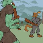  2014 anthro bottomwear brown_body brown_fur clothed clothing digital_drawing_(artwork) digital_media_(artwork) digitigrade dirty duo fen_(lagotrope) footwear fur furred_kobold grass green_body green_skin horn kobold lagotrope lizard male mammal melee_weapon outside pants plant pupils reptile sandals scalie shirt standing story story_at_source story_in_description sword tgchan topwear tree weapon 