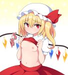 1girl back_bow bangs blonde_hair blush bow breasts bright_pupils closed_mouth clothes_lift collared_shirt cowboy_shot crystal flandre_scarlet frilled_shirt_collar frills frown furrowed_brow hair_between_eyes hat hat_ribbon lifted_by_self looking_at_viewer medium_hair mob_cap navel nipples puffy_short_sleeves puffy_sleeves red_eyes red_ribbon red_skirt red_vest ribbon rizento shiny shiny_hair shirt shirt_lift short_sleeves skirt skirt_set small_breasts solo star_(symbol) stomach sweatdrop touhou vest white_bow white_headwear white_shirt wings 