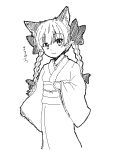  1girl alternate_costume animal_ears bow braid cat_ears extra_ears isaki_(gomi) japanese_clothes kaenbyou_rin kimono light_smile looking_at_viewer monochrome oekaki simple_background solo touhou twin_braids white_background 