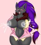  anthro big_breasts blush bodily_fluids breast_milking breasts clothed clothing digital_media_(artwork) fan_character female fur generation_5_pokemon hair hi_res lactating milk nintendo nipples nude pokemon pokemon_(species) simple_background solo video_games zoroark 