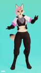  3d_(artwork) anthro bandanna boots canid canine canis claws clothed clothing digital_media_(artwork) female footwear fox fur hair hi_res impreza jacket kerchief looking_at_viewer mammal multicolored_body outside pink_hair simple_background smile solo tan_body tan_fur topwear tridognait 