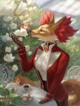  alsares anthro belt blurred_background bottomwear breasts brown_body brown_bottomwear brown_clothing brown_fur brown_pants canid canine cheek_tuft choker claws clothed clothing coat container cup delphox detailed_background duo edana_(partran) facial_tuft female finger_claws flower fully_clothed fur generation_6_pokemon green_eyes hi_res inner_ear_fluff jewelry long_tail mammal necklace nintendo pants plant pokemon pokemon_(species) red_body red_clothing red_coat red_fur red_topwear shaded shirt shrub snout solo_focus standing tea_cup teapot topwear tuft video_games white_body white_clothing white_fur white_shirt white_topwear yellow_body yellow_fur 