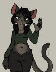  accessory anthro bottomwear clothing crop_top crotch_lines ear_piercing ear_stud felid feline female green_eyes hair_accessory hairband mammal muhny piercing raised_tail shirt shorts solo topwear unbuttoned_pants 