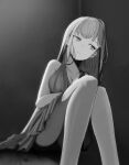  1girl against_wall ballerina bangs breasts cleavage dress greyscale highres hololive hololive_english long_hair monochrome mori_calliope sitting solo sseldne virtual_youtuber wall 