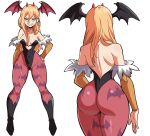  1girl absurdres animal_print ass back bat_print bat_wings blonde_hair breasts chainsaw_man cosplay covered_navel head_wings highres horns leotard long_hair mg991998 morrigan_aensland morrigan_aensland_(cosplay) multiple_views pantyhose power_(chainsaw_man) red_eyes sharp_teeth solo teeth thick_thighs thighs vampire_(game) wings 