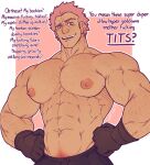  1boy abs artist_name bara biceps blush clenched_hands english_text f_con fire_emblem fire_emblem:_three_houses fire_emblem_warriors:_three_hopes gloves hairy hand_on_hip highres holst_sigiswald_goneril large_pectorals looking_at_viewer male_focus manly mature_male muscular muscular_male nipples pants pectorals pink_background pink_eyes pink_hair scar short_hair signature simple_background smile solo spiked_hair teeth thick_arms thick_eyebrows tongue topless_male upper_body veins veiny_arms white_background 