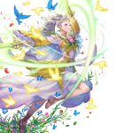  1girl animal bird blue_eyes breasts covered_collarbone dagger detached_sleeves dress earrings eir_(fire_emblem) fire_emblem fire_emblem_heroes flower flower_earrings frills full_body gold_trim grey_hair haccan hair_ornament highres holding holding_weapon jewelry knife long_dress long_hair medium_breasts non-web_source official_art ponytail sandals see-through tiara toeless_footwear transparent_background weapon wide_sleeves 