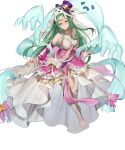  1girl bandages bangs breasts detached_sleeves dress fire_emblem fire_emblem:_mystery_of_the_emblem fire_emblem_awakening fire_emblem_heroes full_body green_eyes green_hair hanusu highres jewelry long_dress long_hair medium_breasts naga_(fire_emblem) non-web_source official_art pale_skin pointy_ears tiara transparent_background 