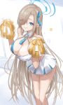  1girl absurdres asuna_(blue_archive) bangs bare_shoulders blue_archive blue_eyes blush breasts cheerleader cleavage cosplay crop_top hair_over_one_eye halo hibiki_(cheerleader)_(blue_archive) hibiki_(cheerleader)_(blue_archive)_(cosplay) highres holding large_breasts leaning_forward light_brown_hair long_hair looking_at_viewer miniskirt mole mole_on_breast ogura_toast pleated_skirt pom_pom_(cheerleading) skirt smile solo white_skirt 