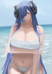  1girl absurdres alternate_costume august_von_parseval_(azur_lane) axicoi azur_lane bangs bare_shoulders beach blue_eyes blue_hair blue_sky blush breasts cleavage closed_mouth collarbone crossed_arms dragon_horns feet_out_of_frame hair_between_eyes hair_over_one_eye highres horns huge_breasts long_hair looking_at_viewer navel ocean simple_background sky smile solo standing swimsuit very_long_hair water white_one-piece_swimsuit 