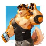  abs absurd_res anthro barrel_(live-a-hero) beverage biceps blep bodily_fluids bottomwear canid canine canis canned_drink claws clothing energy_drink hat headgear headwear hi_res lifewonders live-a-hero looking_at_viewer male mammal muscular muscular_anthro muscular_male nipples one_eye_closed papwads pecs shirt shorts solo sweat takemoto_arashi tank_top tongue tongue_out topwear video_games wink wolf 