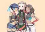  3girls absurdres closed_eyes covered_navel ghondor_(xenoblade) highres kamidan midriff multiple_girls navel ponytail sena_(xenoblade) shania_(xenoblade) tagme twintails vest xenoblade_chronicles_(series) xenoblade_chronicles_3 