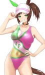  1girl adapted_costume animal_ears ass_visible_through_thighs breasts brown_hair contrapposto covered_navel ear_covers green_eyes hand_on_hip highleg highleg_swimsuit highres horse_ears horse_girl horse_tail ines_fujin_(umamusume) large_breasts looking_at_viewer multicolored_clothes multicolored_leotard multicolored_swimsuit side_ponytail simple_background single_ear_cover solo swimsuit tail umamusume visor_cap white_background yuzuriha_yuu 