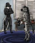 absurd_res angry annoyed anthro black_body black_fur blinds blue_rug breasts clay_pot crossed_arms dead_plant duo equid equine female fur furniture gas_mask genitals hi_res kinktober male male/female mammal mask mephitid penis skunk stripes table worried yenocwolf zebra 