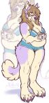  anthro blue_bottomwear blue_bra blue_clothing blue_underwear bottomwear bra brown_hair butt_tuft canid cheek_tuft claws closed_smile clothed clothing eyes_closed facial_tuft female full-length_portrait fur hair holding_mug holding_object light_body light_fur mammal mug neck_tuft overweight overweight_anthro overweight_female portrait pupbii purple_body purple_claws purple_fur purple_nose signature simple_background solo standing three-quarter_view tuft underwear yellow_body yellow_fur 