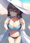  1girl :3 amakarashi ass_visible_through_thighs beach bikini black_bikini blue_bikini blue_eyes breasts brown_hair cleavage closed_mouth collarbone commission hair_between_eyes hat highres large_breasts long_hair looking_at_viewer navel original outdoors pixiv_request revision shirt smug solo stomach summer sun_hat swimsuit thigh_gap white_headwear white_shirt 