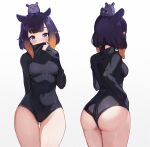  1girl ass ass_visible_through_thighs bangs blue_eyes blush covering_mouth highres hololive hololive_english koahri leotard looking_at_viewer medium_hair mole mole_under_eye multicolored_hair multiple_views ninomae_ina&#039;nis orange_hair pointy_ears purple_hair simple_background sweater takodachi_(ninomae_ina&#039;nis) tentacle_hair thigh_gap thighs turtleneck virtual_youtuber white_background 