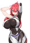  1girl absurdres arms_up blush bodysuit breasts closed_mouth covered_navel curvy era_(erasion) frigg_(tower_of_fantasy) highres huge_breasts large_breasts long_hair looking_at_viewer pink_eyes ponytail red_hair skin_tight solo sweatdrop thick_thighs thighs tower_of_fantasy white_background wide_hips 