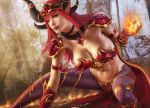  1girl alexstrasza armor artist_name bikini_armor breasts cape casting_spell cleavage day elbow_gloves fire forest gloves helmet horns jewelry long_hair medium_breasts nature pauldrons red_armor red_cape red_eyes red_gloves red_hair red_lips shoulder_armor solo warcraft world_of_warcraft yupachu 