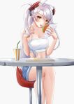  1girl absurdres alternate_costume azur_lane blue_shorts breasts burger chair cleavage crossed_legs cup denim denim_shorts disposable_cup drinking_straw food highres konparu_uran large_breasts long_hair looking_at_viewer midriff mole mole_on_breast multicolored_hair open_mouth prinz_eugen_(azur_lane) red_hair round_table short_shorts shorts simple_background sitting solo strapless streaked_hair table thighs tube_top two-tone_hair white_background white_hair yellow_eyes 