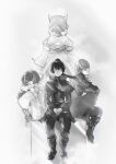  bare_shoulders crys_(xenoblade) flute greyscale highres instrument mio_(xenoblade) miyabi_(xenoblade) monochrome noah_(xenoblade) rourou_mirman xenoblade_chronicles_(series) xenoblade_chronicles_3 