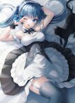  0v0_(l_seohui) 1girl ;o absurdres animal apron arm_behind_head arm_garter armpits arms_up bangs bare_shoulders bed_sheet black_bow black_cat blue_eyes blue_hair bow bowtie breasts bug butterfly cat detached_collar dress floating_hair frilled_cuffs frills garter_straps grey_thighhighs highres long_hair looking_at_viewer lying maid maid_apron maid_headdress medium_breasts off-shoulder_dress off_shoulder on_back on_bed one_eye_closed open_mouth original solo teeth thighhighs twintails underbust upper_teeth 