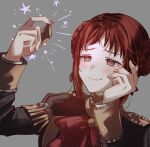  1girl blush chocolate closed_mouth fire_emblem fire_emblem:_three_houses fire_emblem_warriors:_three_hopes garreg_mach_monastery_uniform hair_bun hair_ornament highres illust_mi long_hair monica_von_ochs red_eyes red_hair short_hair simple_background smile solo upper_body 