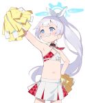  1girl arm_up armpits bangs bare_arms bare_shoulders blue_archive blue_eyes blush character_name cheerleader cherino_(blue_archive) cosplay fake_facial_hair fake_mustache grey_hair hair_ribbon halo hand_on_hip hibiki_(blue_archive) hibiki_(blue_archive)_(cosplay) hibiki_(cheerleader)_(blue_archive) high_ponytail highres looking_away looking_to_the_side meito_(maze) navel outstretched_arm pleated_skirt pom_pom_(cheerleading) ponytail ribbon simple_background skirt solo v-shaped_eyebrows white_background white_ribbon white_skirt 