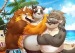  abs anthro barrel_(live-a-hero) beach belly blush bottomwear canid canine canis chuurow clothing domestic_dog embrace giant_panda group group_sex hair hi_res hug lifewonders live-a-hero long_hair male male/male mammal musclegut navel one_eye_closed overweight palm_tree pecs plant ponytail scar seaside sex shino_(housamo) shorts swimwear threesome tokyo_afterschool_summoners tree trio ursid video_games wink wolf 