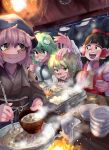  4girls absurdres afterimage animal_ears ascot bare_shoulders bird_ears blonde_hair blush bow braid brown_eyes brown_hair brown_kimono chopsticks closed_mouth cup detached_sleeves food frog_hair_ornament green_eyes green_hair hair_between_eyes hair_bow hair_ornament hair_tubes hakurei_reimu head_scarf highres holding holding_chopsticks holding_cup inuyama_konan japanese_clothes kimono kirisame_marisa kochiya_sanae long_hair long_sleeves multiple_girls mystia_lorelei nontraditional_miko okamisty open_mouth pink_hair red_bow short_hair sidelocks single_braid smile touhou white_sleeves wide_sleeves yellow_ascot yellow_eyes 