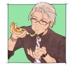  1boy :t anmochi aqua_eyes arurandeisu black_shirt bracelet cheese_trail collared_shirt eating facial_hair food glasses goatee green_background hair_slicked_back holding holding_food holostars jewelry male_focus mature_male necktie outside_border pizza print_necktie red-framed_eyewear shirt solo upper_body virtual_youtuber watch white_hair white_necktie wristwatch 