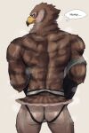  2020 2:3 absurd_res accipitrid accipitriform anthro avian back_muscles bird bodily_fluids brown_body brown_feathers brown_stripes butt clothing dialogue english_text feathers furrowed_brow grey_clothing grey_shirt grey_topwear hi_res jockstrap jockstrap_only k0bit0wani looking_aside male nude rear_view shirt solo stripes sweat tail_feathers text thought_bubble topwear underwear undressing 
