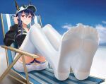  1girl arknights bare_legs baseball_cap beach beach_chair black_jacket blue_hair blue_sky blush bm_(bm364364) breasts ch&#039;en_(arknights) ch&#039;en_the_holungday_(arknights) chinese_commentary cloud cloudy_sky dated day dragon_horns eyewear_on_head feet foot_focus full_body hair_between_eyes hat highres horns horns_through_headwear jacket knees_up legs_together long_hair looking_at_viewer medium_breasts miniskirt no_tail official_alternate_costume outdoors parted_lips red_eyes sidelocks sitting skirt sky soles solo sunglasses thigh_strap thighhighs twitter_username white_headwear white_skirt white_thighhighs 