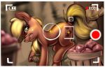  angry apple applejack_(mlp) applepost67 blonde_hair clenched_teeth cutie_mark digital_media_(artwork) earth_pony equid equine female feral freckles friendship_is_magic green_eyes hair hasbro horse looking_back mammal my_little_pony orange_body pony recording solo teeth yellow_tail 