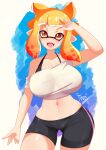 1girl bike_shorts breasts curvy fangs highres inkling large_breasts looking_at_viewer open_mouth plump smile solo splatoon_(series) splatoon_3 tentacle_hair thighs tiger1001 v v_over_eye 
