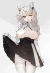  1girl ;p absurdres animal_ear_fluff animal_ears arknights ass_visible_through_thighs black_skirt breasts breasts_apart breasts_out cat_ears clothes_lift cowboy_shot gloves grey_background hairband highres kazemaru_(arknights) kazemaru_(like_illusion)_(arknights) large_breasts lifted_by_self long_sleeves looking_at_viewer nipples no_bra official_alternate_costume one_eye_closed pantyhose retri skirt skirt_lift solo thigh_gap thighband_pantyhose tongue tongue_out two-tone_background white_background white_gloves white_hairband white_pantyhose 