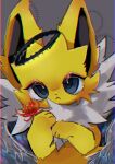  absurd_res ambiguous_gender blue_eyes eeveelution feathered_wings feathers feral flower generation_1_pokemon halo hi_res holding_flower holding_object jolteon looking_at_viewer looking_up looking_up_at_viewer nintendo plant pokemon pokemon_(species) reruponzu simple_background solo spikes video_games wings 