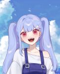  1girl 3di_project :d bangs blue_hair blue_sky blunt_bangs cloud collarbone highres light_blue_hair maichle_(mai_chle30) open_mouth red_eyes short_eyebrows sky smile solo teeth thien_(sky)_(3di) twintails virtual_youtuber 