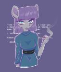 5_fingers anthro bangs breasts cigarette clothing digital_media_(artwork) earth_pony equid equine eyelashes female fingers friendship_is_magic grey_body hair hasbro hi_res holding_object horse humanoid_hands looking_at_viewer mammal maud_pie_(mlp) my_little_pony pony purple_background purple_hair purple_inner_ear running_makeup signature simple_background smoking solo xfrncstomiku 