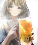  1girl alcohol beer beer_mug bob_cut cup green_hair heterochromia highres holding holding_cup idolmaster idolmaster_cinderella_girls looking_at_viewer mole mole_under_eye mug simple_background smile solo takagaki_kaede upper_body white_background xxxhanaremexxx 