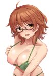  1girl ahoge araki_hina bikini breast_squeeze breasts brown_eyes brown_hair cleavage collarbone covered_nipples from_above glasses green_bikini grey-framed_eyewear hair_between_eyes highres idolmaster idolmaster_cinderella_girls large_breasts looking_at_viewer medium_hair navel one_breast_out open_mouth simple_background skindentation smile solo swimsuit tomajiyama white_background 